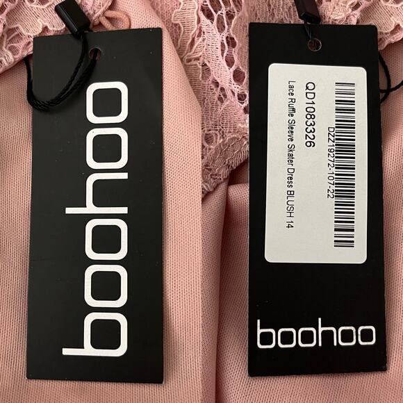 Boohoo Lace Ruffle Sleeve Skater Dress Blush 14 New - Picture 8 of 14